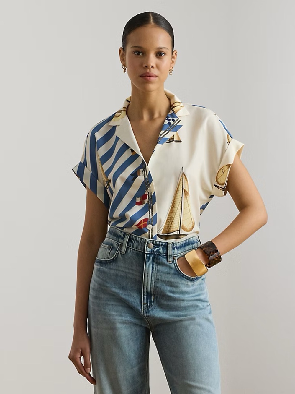 Ralph Lauren Nautical Sailboat Camp-Collar Blouse - Cream & Blue
